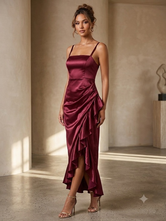 Emerald Sundae Dresses & Skirts - Emerald Sundae Satin Wine Asymmetrical Ruffle Midi Dress